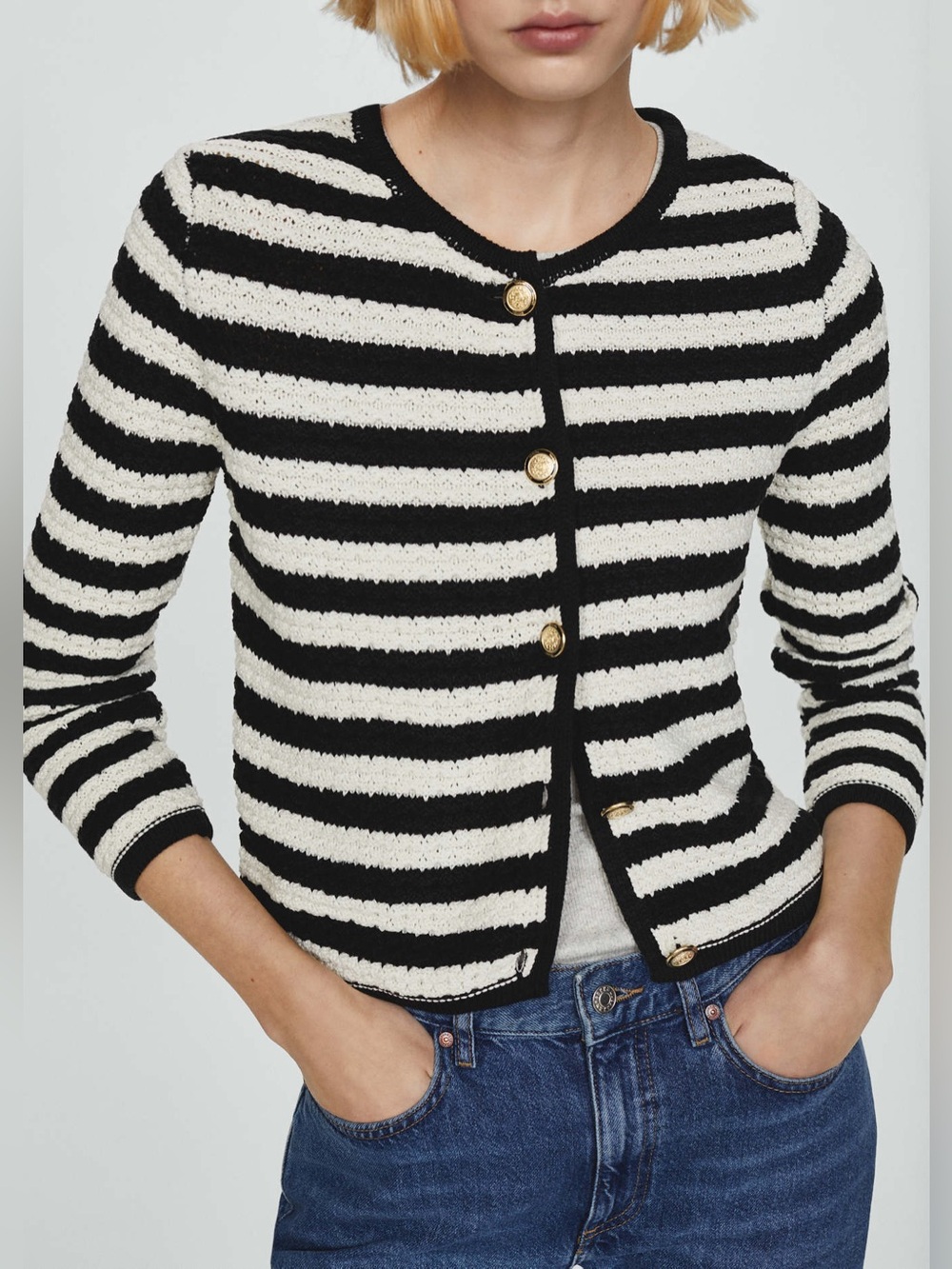 Mango Black and Off White Striped Button-Up Cardigan Jewel Buttons Sz M